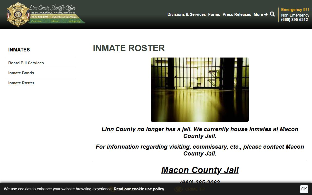 Linn County inmate population roster notice showing Macon County Jail housing