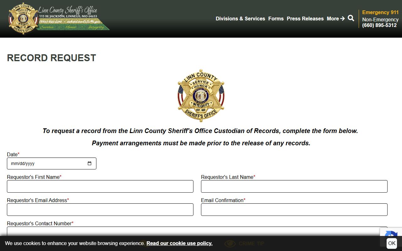 Linn County booking photo record request form for mugshot requests